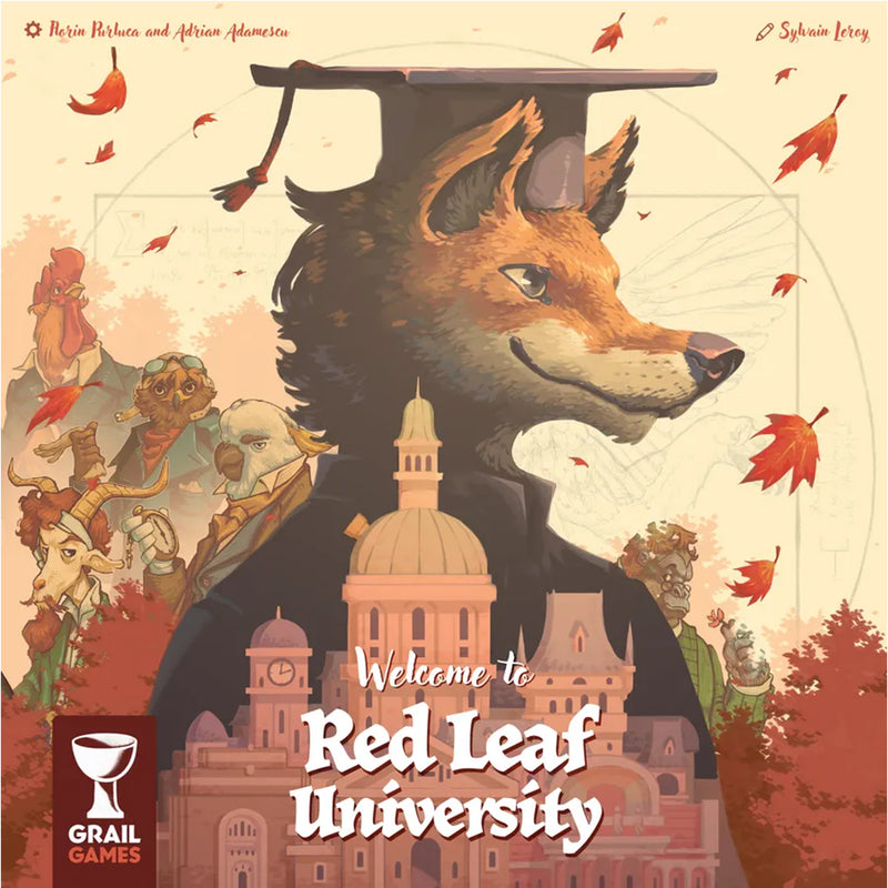 Load image into Gallery viewer, Red Leaf University Board Game - Front of box featuring art of a fox in a gradation hat and gown. 
