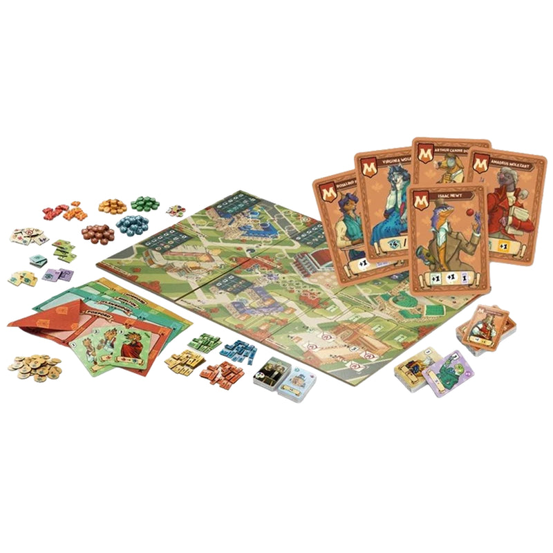 Load image into Gallery viewer, Red Leaf University Board Game - Game contents displayed including game board with university map, character cards, and tokens. 

