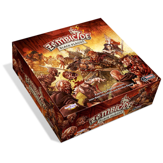 Zombicide Black Plague Board Game - front of box with illustrations of survivors fighting zombies.