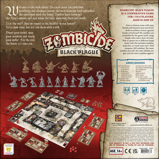 Zombicide Black Plague Board Game - back of box with game overview and images of game contents.