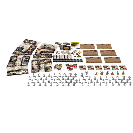 Zombicide Black Plague Board Game - sample components displayed including walker and survivor miniatures, 9 game tiles, and character cards.
