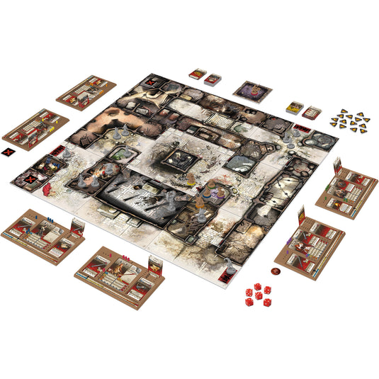 Zombicide Black Plague Board Game - Contents displayed including game board, player boards, dice, and miniatures. 