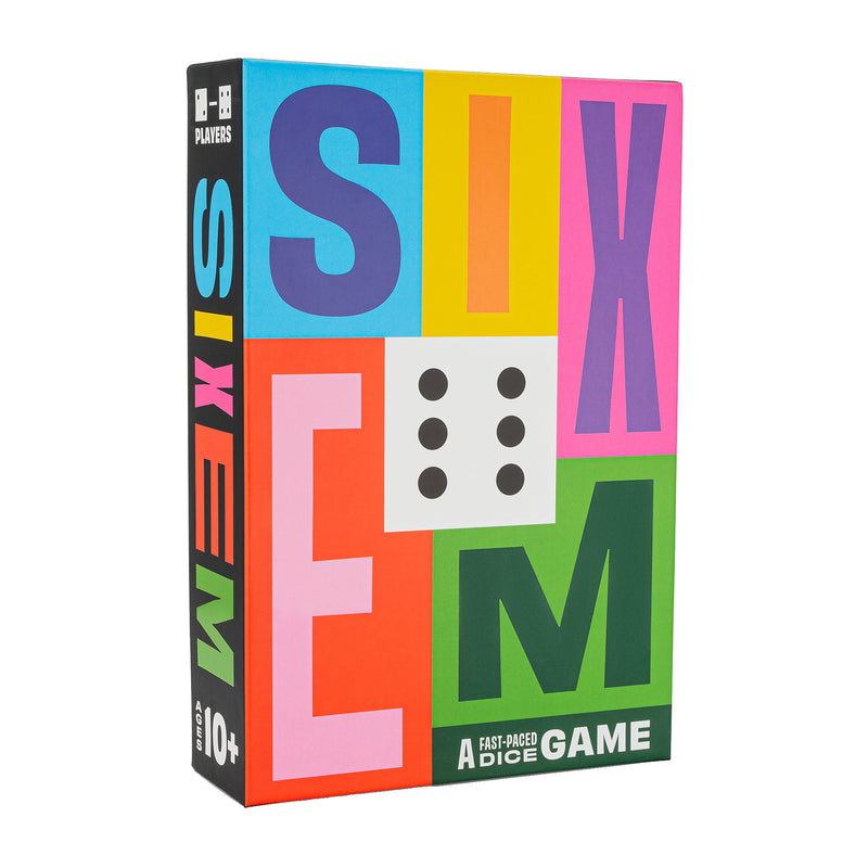 Load image into Gallery viewer, A colorful board game called SIXEM, featuring a box with a mix of letters and numbers, dice, and game boards visible.
