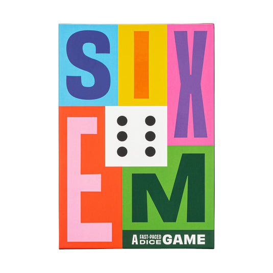 A colorful board game called SIXEM, featuring a box with a mix of letters and numbers, dice, and game boards visible.