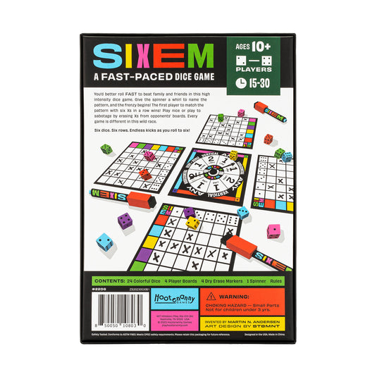 Back of the box of colorful board game called SIXEM. Including product information and description.