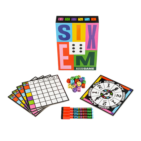Box and game components for the card game SIXEM including dices, dry erase markers, boards, etc.