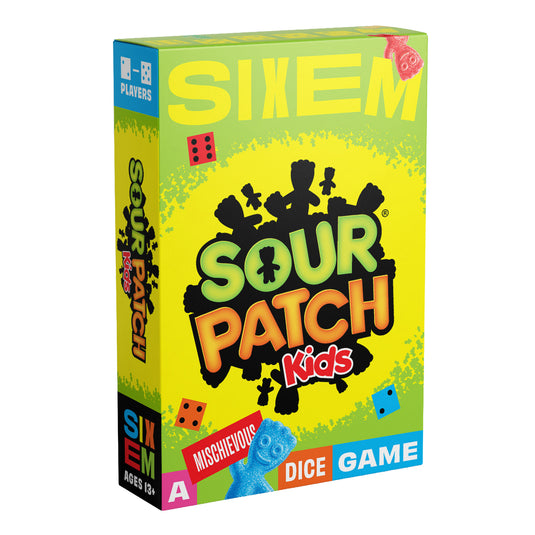 Sixem: Sour Patch Kids Games Dice Game - front of box featuring sour patch kids themed design.