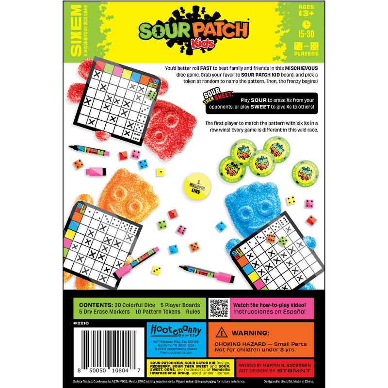 Load image into Gallery viewer, Sixem: Sour Patch Kids Games Dice Game - back of box with overview and images of game components.
