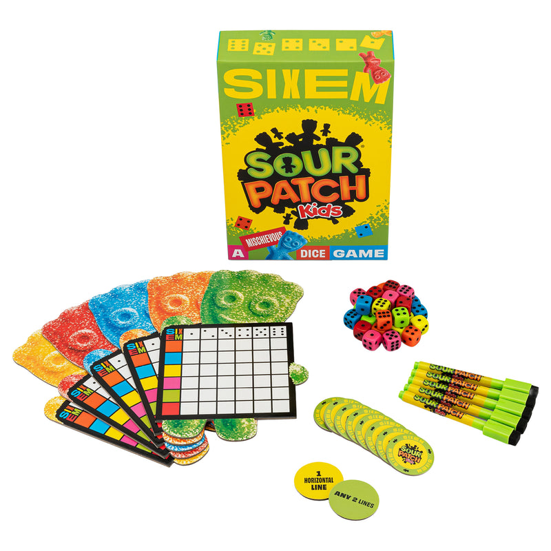 Load image into Gallery viewer, Sixem: Sour Patch Kids Games Dice Game - box and game components displayed including player boards, dry erase markers, tokens, and dice.
