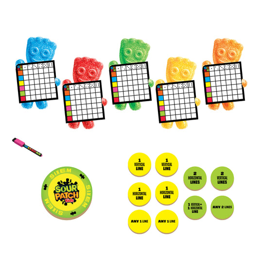 Sixem: Sour Patch Kids Games Dice Game - sample components including five player boards, game tokens, and dry erase marker.