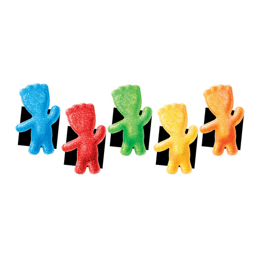 Sixem: Sour Patch Kids Games Dice Game - back of five sour patch kids player boards.