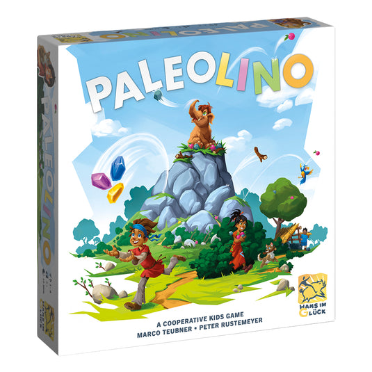 Paleolino Board Game - Front of box with art of kids playing with a wooly mammoth. 