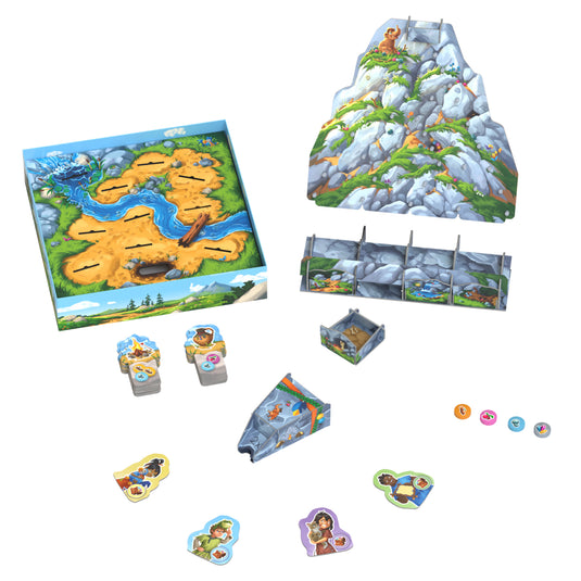 Paleolino Board Game - Game contents shown including inner box with game board, character tokens, and mountain standee.