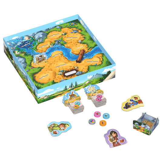 Paleolino Board Game - inner box with game board, character tokens, and resource tokens shown. 
