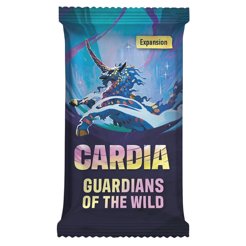 Load image into Gallery viewer, Duel for Cardia: Guardians of the Wild Expansion - Front of packaging featuring art of a blue mythical creature with a colorful horn.
