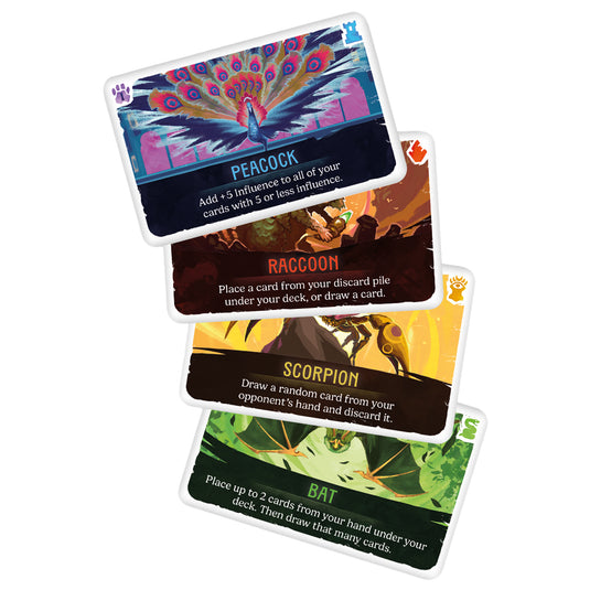 Duel for Cardia: Guardians of the Wild Expansion - Sample cards shown with different abilities listed including 'Peacock' card that adds influence, and 'Scorpion' card that allows player to draw a random card from opponents hand and discard it. 