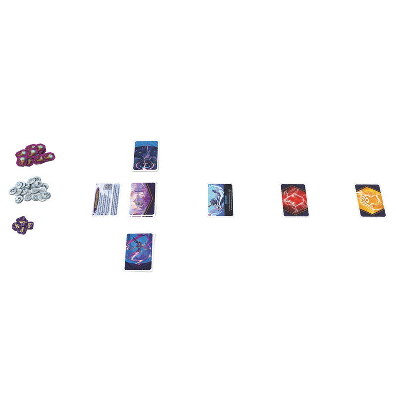 Load image into Gallery viewer, Duel for Cardia: Guardians of the Wild Expansion - Setup game shown including game tokens, reference card, and game cards. 
