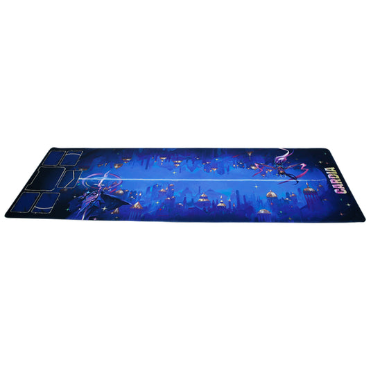 Duel for Cardia Playmat - View of front of playmat with cityscape and two characters on blue backdrop. Spots outlined to place decks and discard pile. 