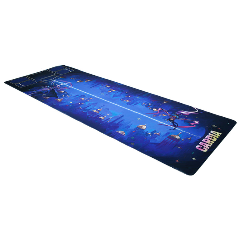 Load image into Gallery viewer, Duel for Cardia Playmat - View of front of playmat with cityscape and two characters on blue backdrop. Spots outlined to place decks and discard pile. 
