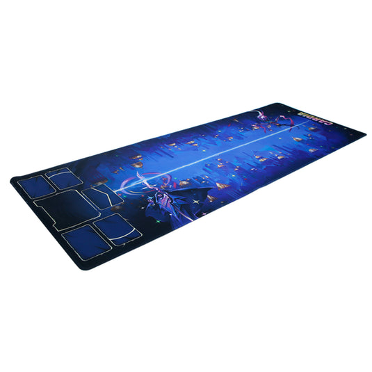 Duel for Cardia Playmat - View of front of playmat with cityscape and two characters on blue backdrop. Spots outlined to place decks and discard pile. 