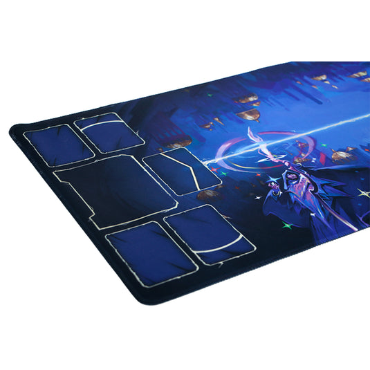 Duel for Cardia Playmat - Close up view of side of playmat showing outlined spots for each players card decks to be placed.