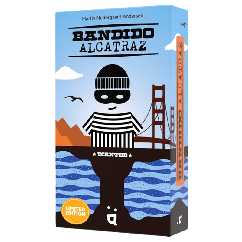 Load image into Gallery viewer, Bandido Alcatraz Card Game - front of box with stylized art of a bandit in front of a bridge and hills. 
