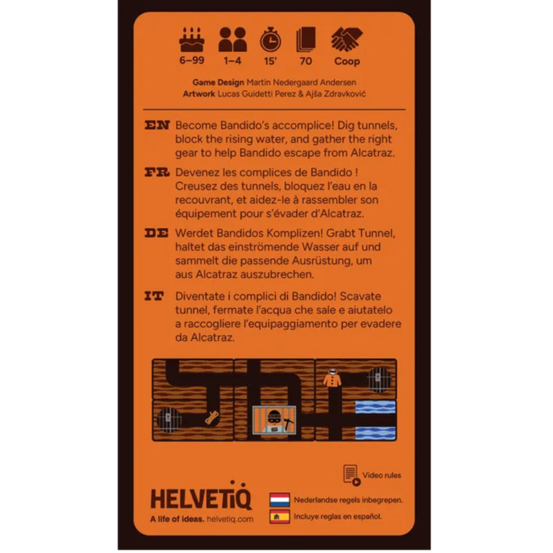 Load image into Gallery viewer, Bandido Alcatraz Card Game - back of box with overview in English, French, German, and Italian. Box indicates it is for ages 6+ and 1 to 4 players. 
