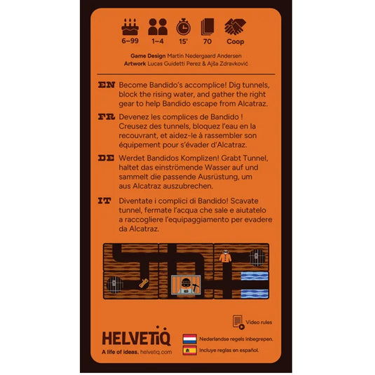 Bandido Alcatraz Card Game - back of box with overview in English, French, German, and Italian. Box indicates it is for ages 6+ and 1 to 4 players. 
