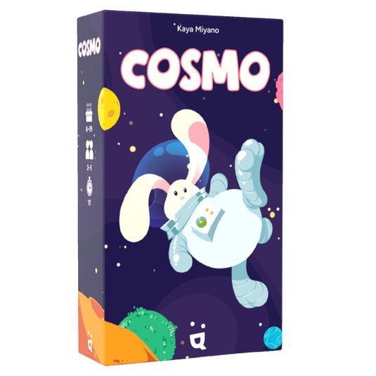 Cosmo Card Game - front of box featuring art of a bunny astronaut in space. 