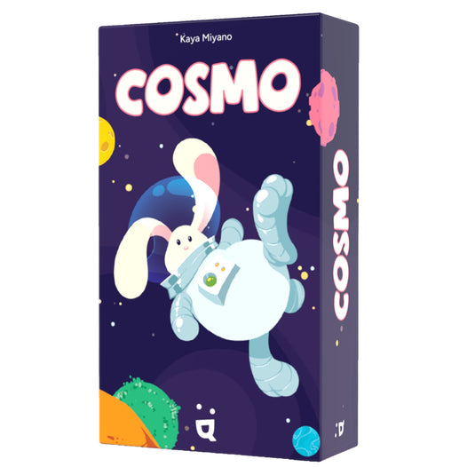 Cosmo Card Game - front of box featuring art of a bunny astronaut in space. 