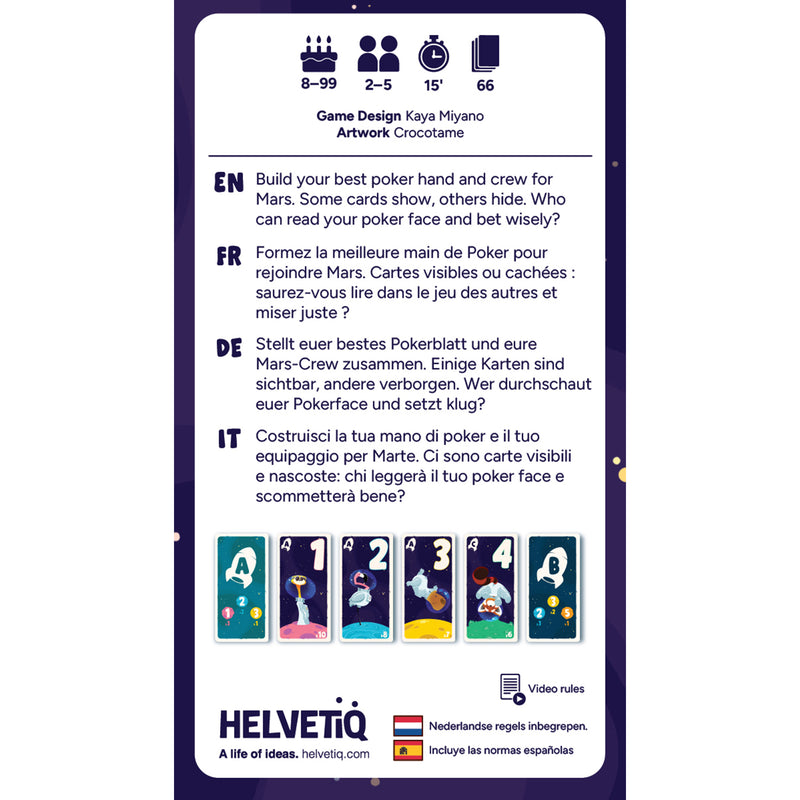 Load image into Gallery viewer, Cosmo Card Game - back of box with overview in English, French, German, and Italian. Box indicates it is for ages 8+ and 2 to 5 players. 

