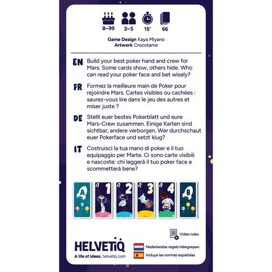 Cosmo Card Game - back of box with overview in English, French, German, and Italian. Box indicates it is for ages 8+ and 2 to 5 players. 