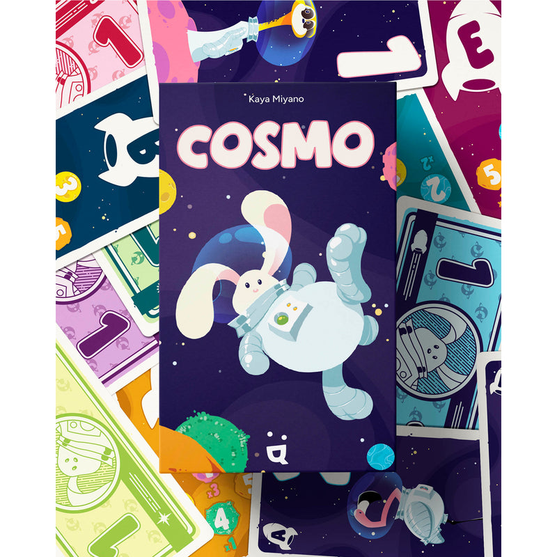 Load image into Gallery viewer, Cosmo Card Game - box and sample cards shown. Cards feature different letters and numbers on each card. 
