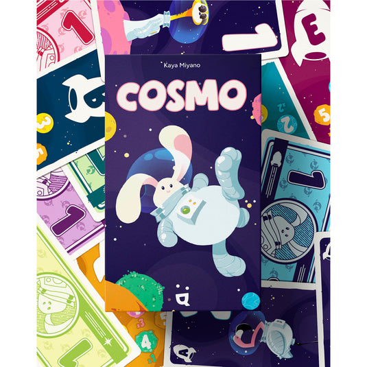 Cosmo Card Game - box and sample cards shown. Cards feature different letters and numbers on each card. 