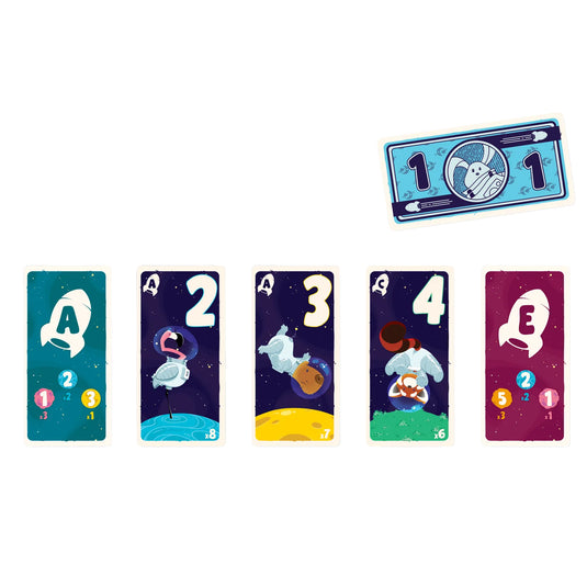 Cosmo Card Game - sample cards shown with cards featuring different letters and numbers on each card. 