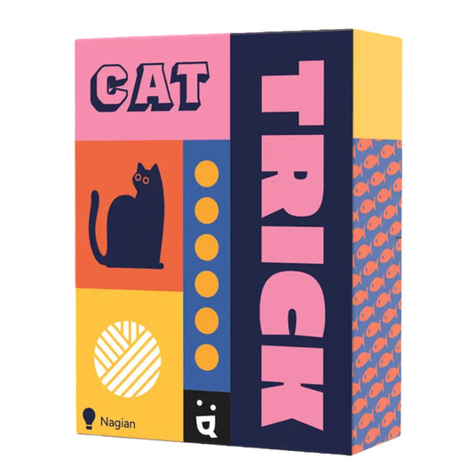 Cat Trick Card Game - front of box with colorful geometric designs and illustrations of a cat and ball of yarn. 