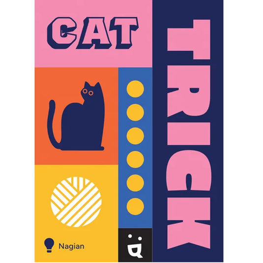 Cat Trick Card Game - front of box with colorful geometric designs and illustrations of a cat and ball of yarn. 