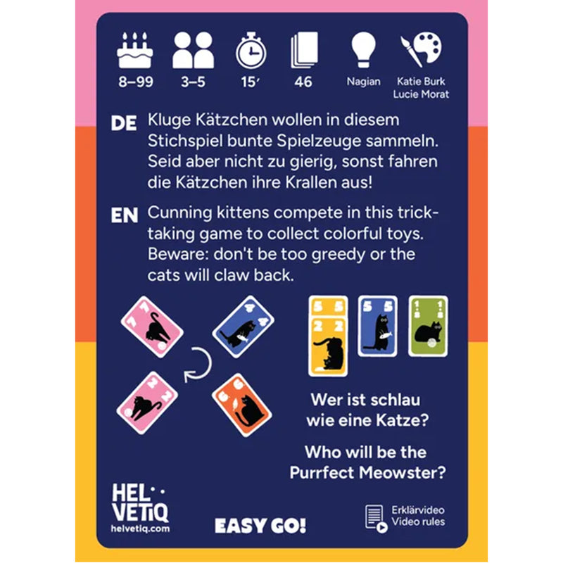 Load image into Gallery viewer, Cat Trick Card Game - back of box with overview in English and German and images of game cards. Box indicates it is for ages 8+ and 3 to 5 players.
