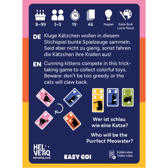 Cat Trick Card Game - back of box with overview in English and German and images of game cards. Box indicates it is for ages 8+ and 3 to 5 players.