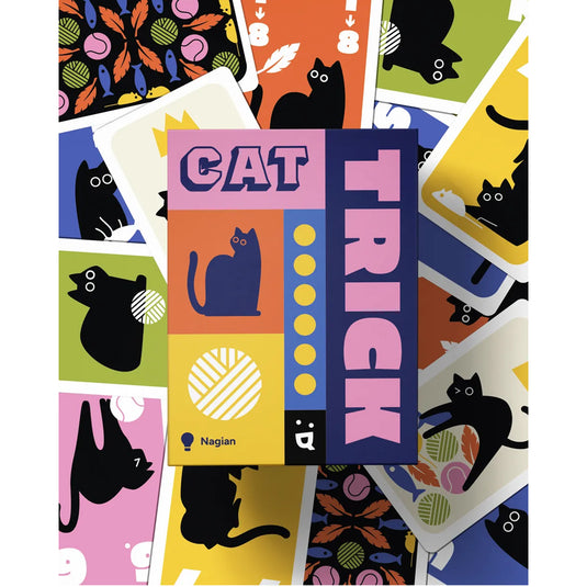 Cat Trick Card Game - box and sample cards displayed. Each card features art of a black cat and number values. 