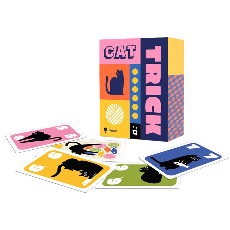 Load image into Gallery viewer, Cat Trick Card Game - box and sample cards displayed. Each card features art of a black cat and number values. 
