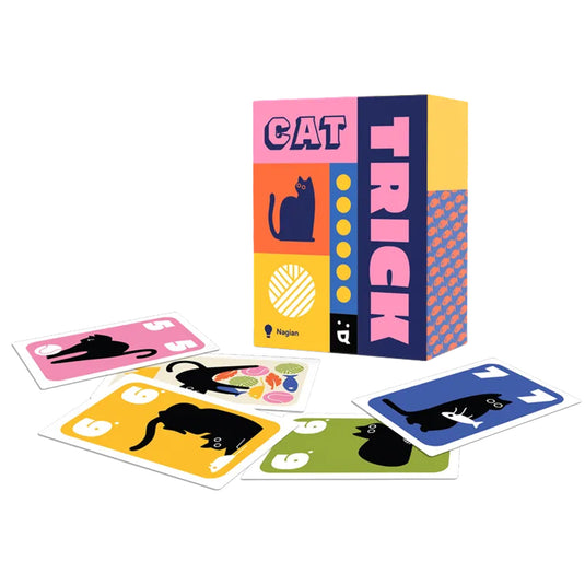 Cat Trick Card Game - box and sample cards displayed. Each card features art of a black cat and number values. 