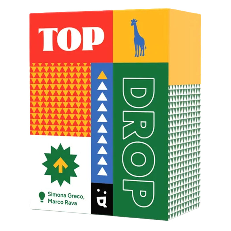 Load image into Gallery viewer, Top Drop Card Game - front of box with colorful geometric patterns and an illustration of a blue giraffe. 
