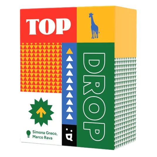 Top Drop Card Game - front of box with colorful geometric patterns and an illustration of a blue giraffe. 