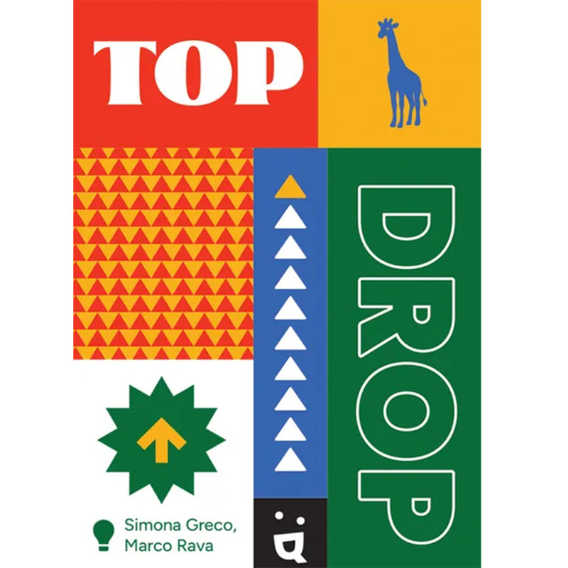 Load image into Gallery viewer, Top Drop Card Game - front of box with colorful geometric patterns and an illustration of a blue giraffe. 

