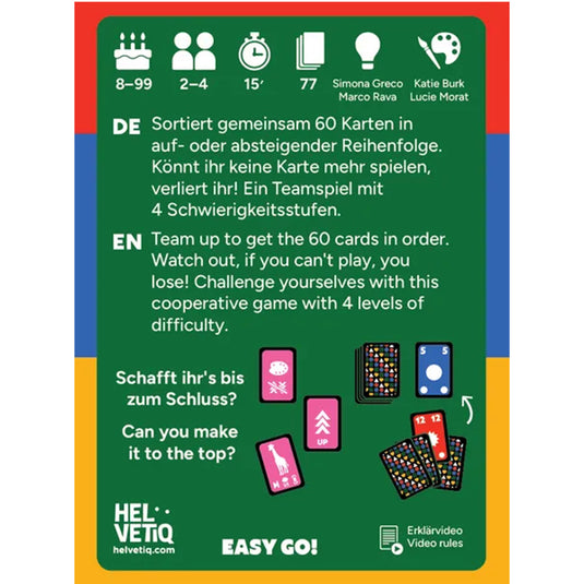 Top Drop Card Game - back of box with overview in English and German and images of game cards. Box indicates it is for ages 8+ and 2 to 4 players.