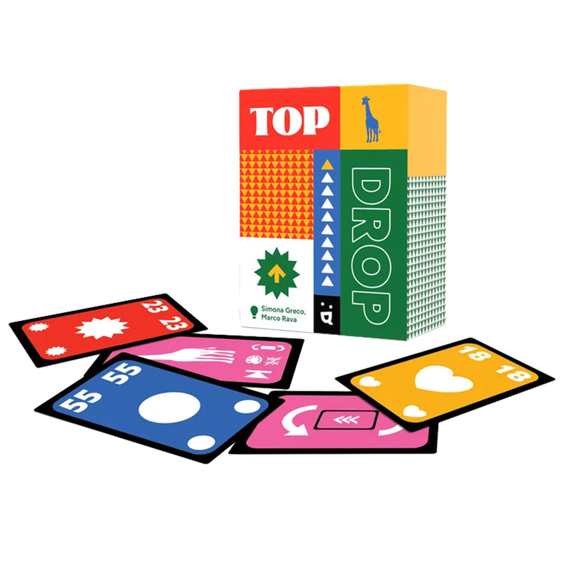 Load image into Gallery viewer, Top Drop Card Game - box and sample cards displayed with different number values, colors, and icons on each card.
