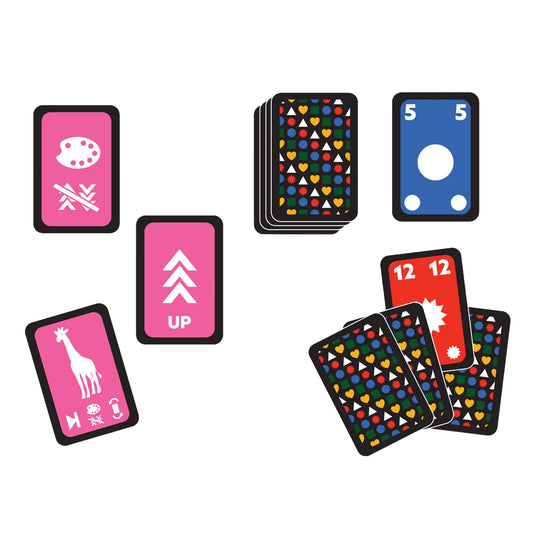 Top Drop Card Game - sample pink blue and red cards displayed with different numbers and icons on each card.
