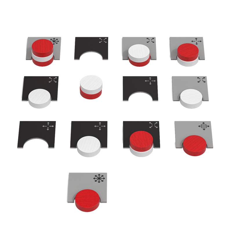 Load image into Gallery viewer, Alto Board Game - view of sample components including gray and black tiles, along with red and white circular tokens. 
