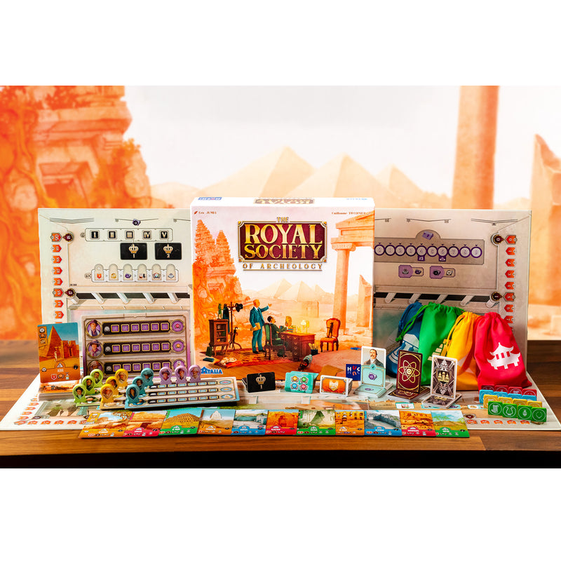 Load image into Gallery viewer, The Royal Society of Archeology - Box and game contents displayed including game boards, player boards, cards, and draw bags.
